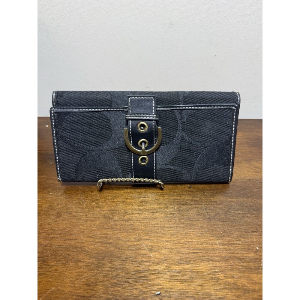 Coach Hamptons Black Signature Buckle Tri-Fold Long Wallet with Checkbook Insert